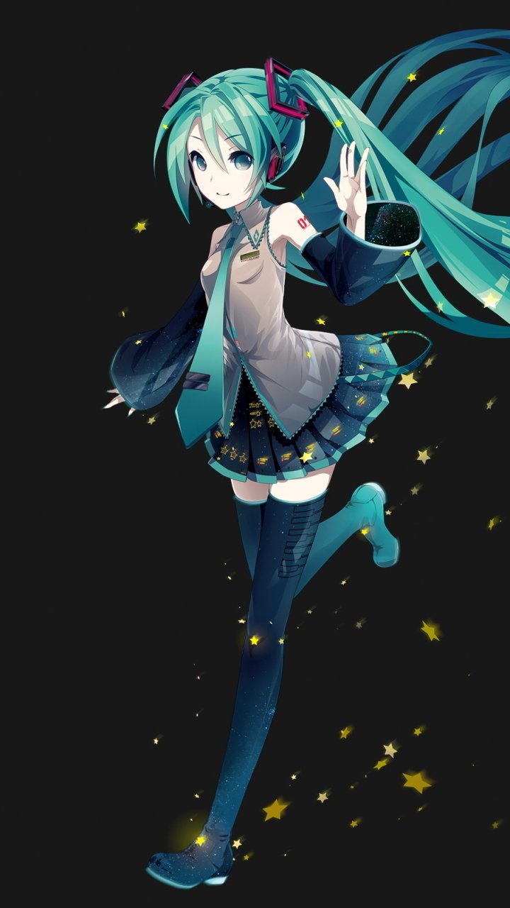 Phone wallpaper featuring Hatsune Miku with aqua twin-tail hair, aqua eyes, headphones, tie, and thigh highs, set against a black background with floating stars.