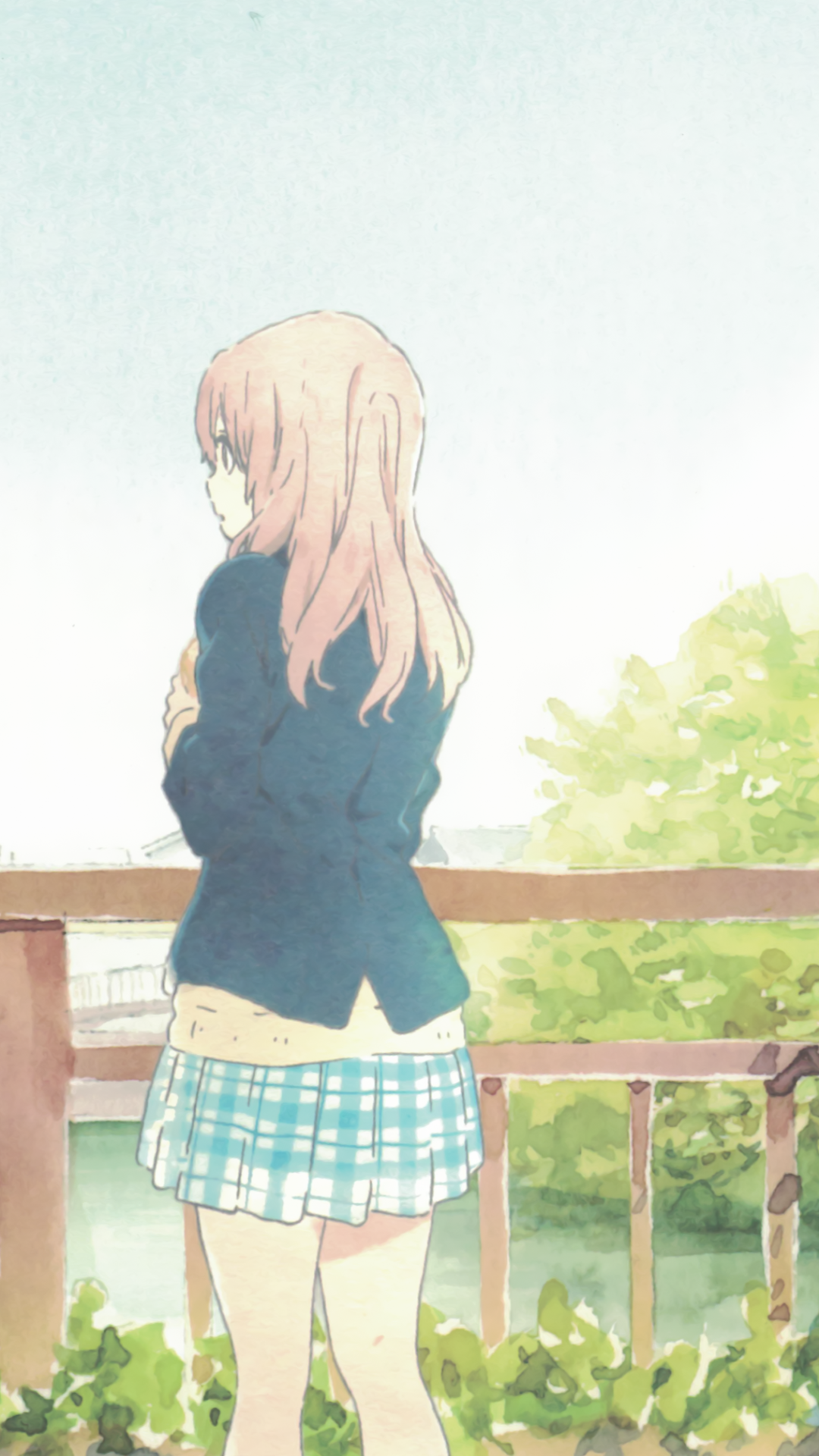 Phone wallpaper featuring Shouko Nishimiya from the anime A Silent Voice, standing thoughtfully by a wooden railing with greenery and a soft sky background.