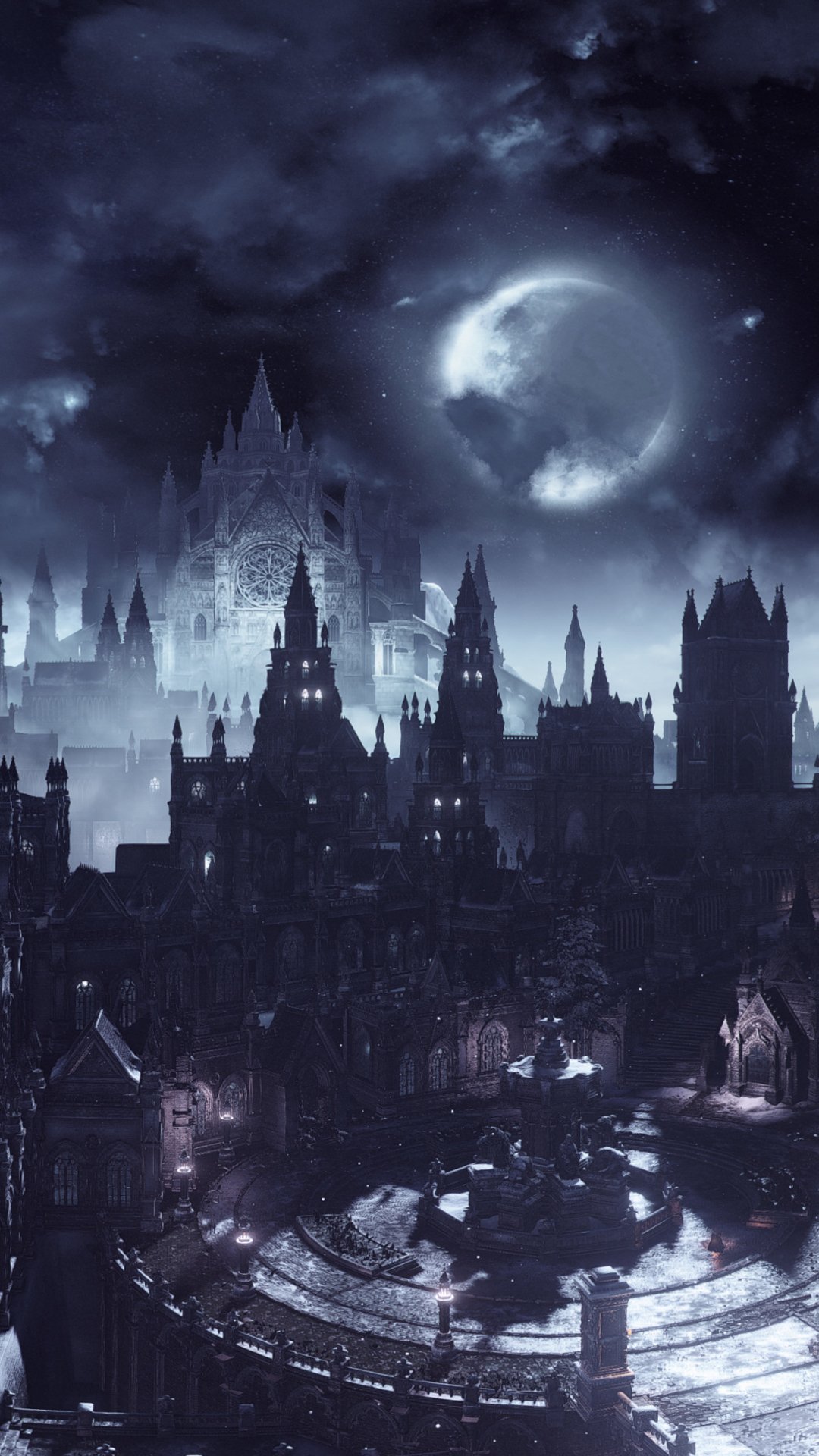 Moonlit Irithyll of the Boreal Valley (Dark Souls III): night sky and clouds over a frostlit gothic cityscape, rendered as a vertical phone wallpaper.