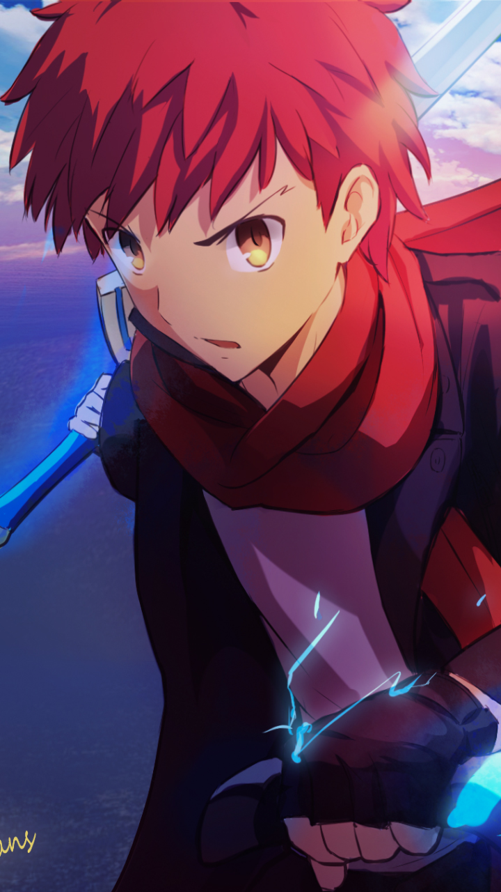 Anime phone wallpaper of Shirou Emiya from Fate/Stay Night — determined close-up with red hair and scarf, gripping a glowing blue sword against a twilight sky.