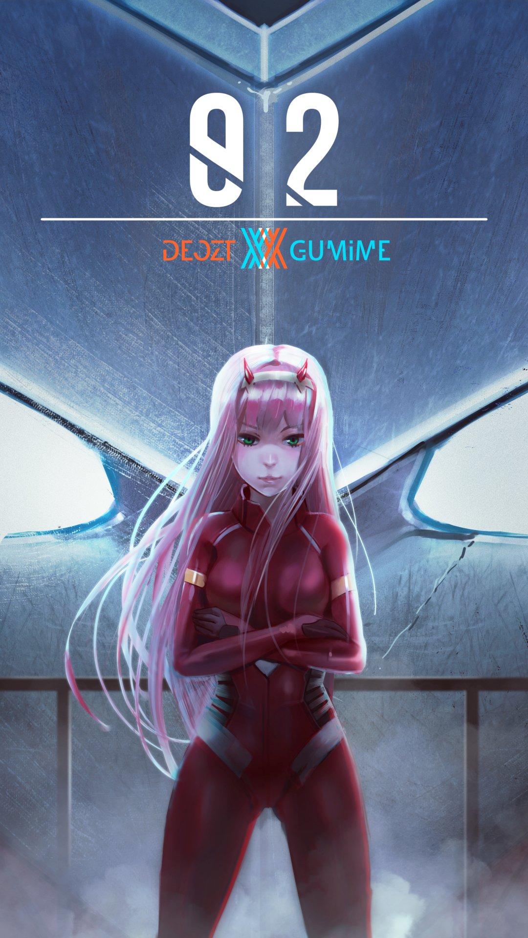 Download Robot Uniform Horns Green Eyes Pink Hair Long Hair Zero Two (Darling In The FranXX) Anime Darling In The FranXX Phone Wallpaper