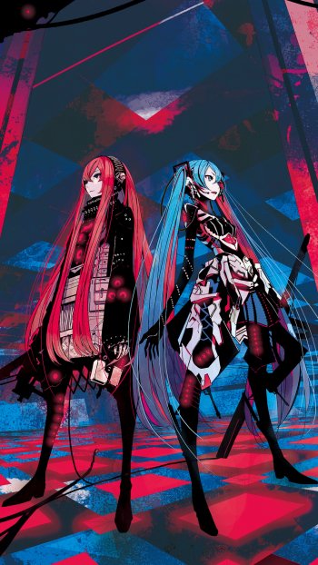 Phone wallpaper featuring anime-style Vocaloid characters Luka Megurine and Hatsune Miku with futuristic, vibrant red and blue colors, designed for iPhones and Android devices.
