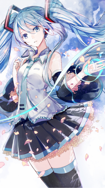 Phone wallpaper featuring Hatsune Miku from Vocaloid in anime style with flowing blue hair, set against a bright sky with cherry blossom petals, compatible with iPhones and Android devices.