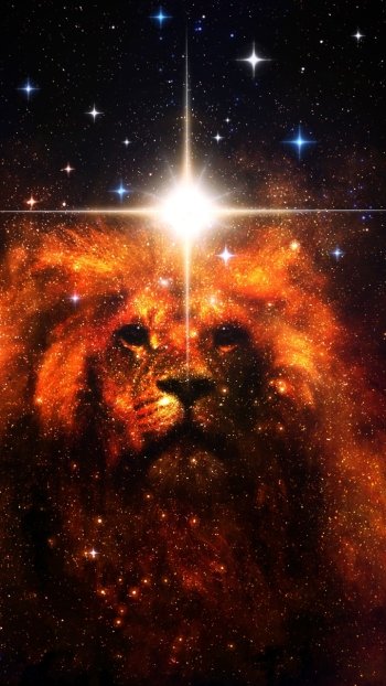 Phone wallpaper of a cosmic lion shaped from fiery nebulae beneath a blazing star, mixing space and fantasy with twinkling stars and glowing celestial colors.
