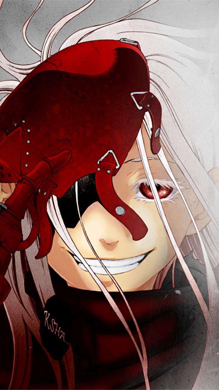 Phone wallpaper of Shiro from Deadman Wonderland (anime): close-up portrait with white hair, one red-covered eye, eerie grin, and a red-gloved hand lifting a blood-red mask.