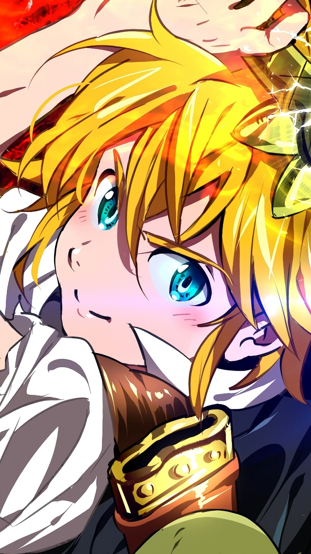 Phone wallpaper of Meliodas (The Seven Deadly Sins): close-up anime portrait with blond hair, bright teal eyes, mischievous smile and a gold ornament, vivid red-and-white background.
