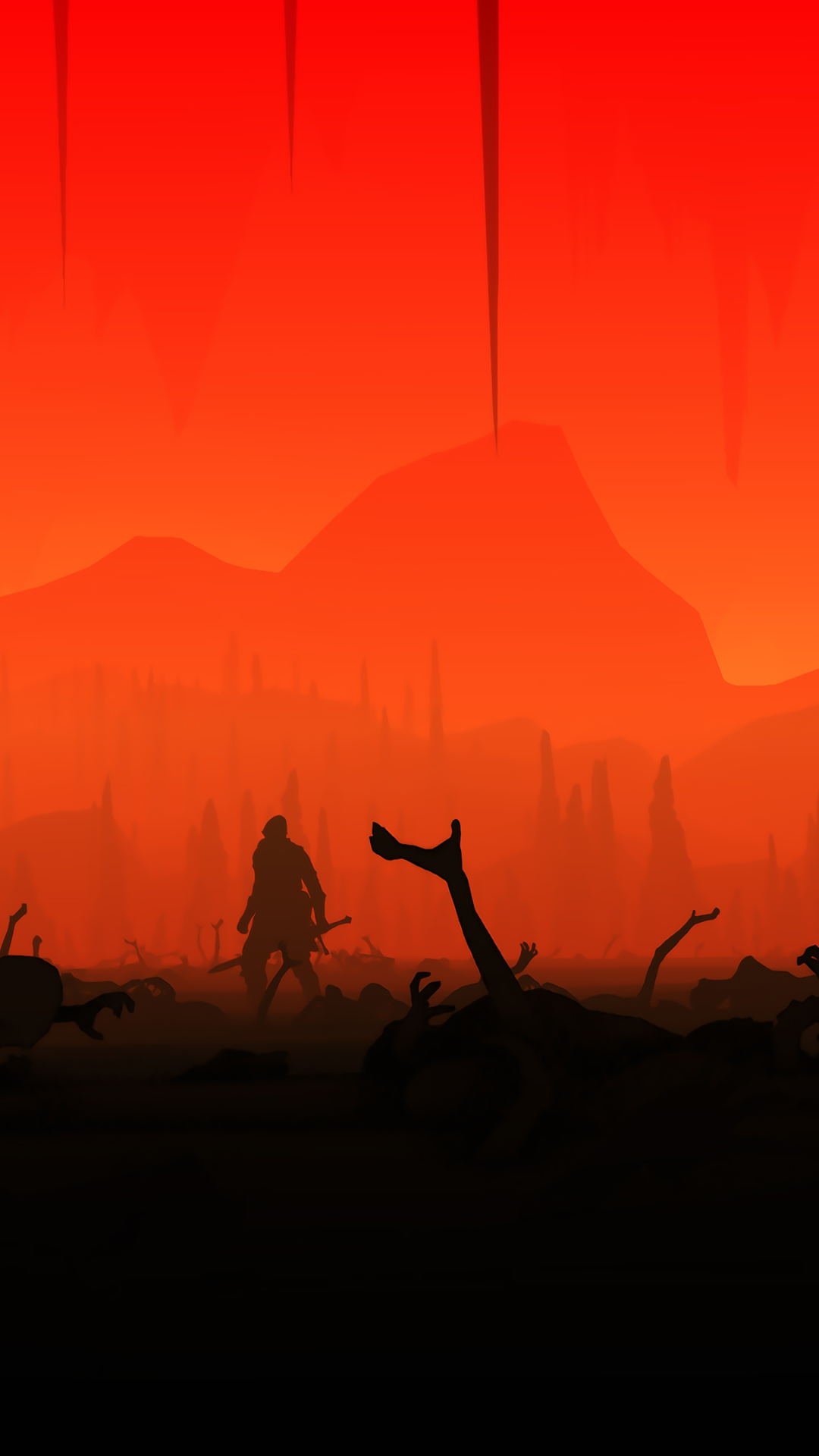 Phone wallpaper from the video game Dark Souls III: silhouetted warrior on a blood-red battlefield, skeletal remains and jagged mountains beneath a dripping black sky.