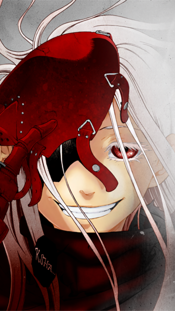 Phone wallpaper of Shiro from Deadman Wonderland (anime): close-up portrait with white hair, one red-covered eye, eerie grin, and a red-gloved hand lifting a blood-red mask.