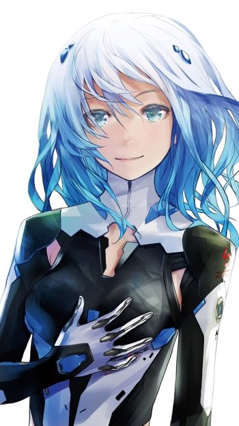 Phone wallpaper featuring Lacia from the anime Beatless, showcasing her blue hair and futuristic black and white outfit. Compatible with iPhones and Android devices.