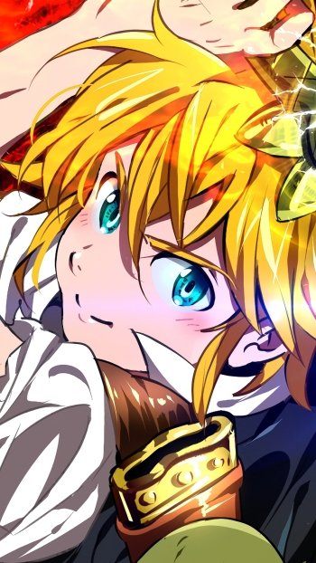 Phone wallpaper of Meliodas (The Seven Deadly Sins): close-up anime portrait with blond hair, bright teal eyes, mischievous smile and a gold ornament, vivid red-and-white background.