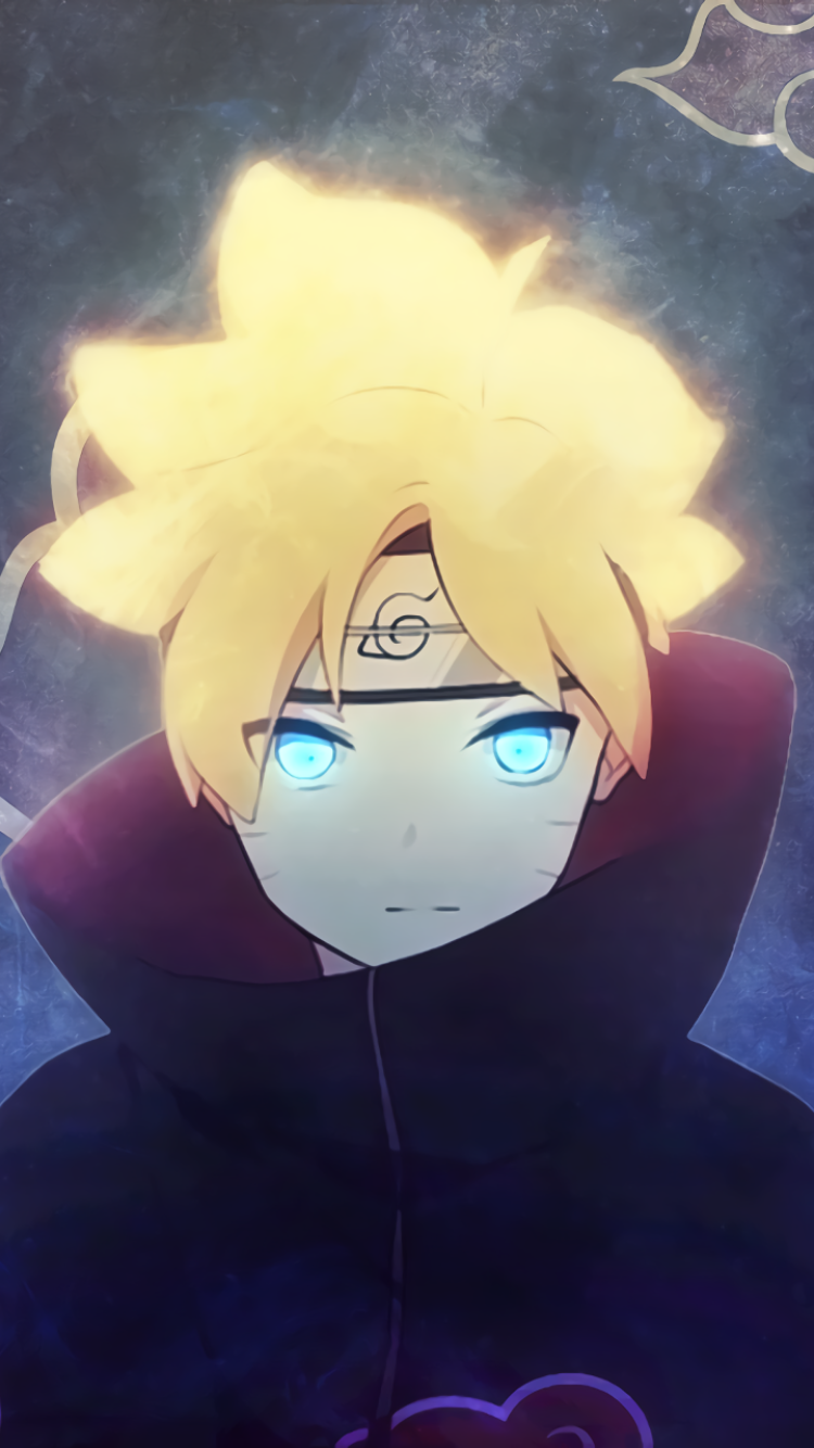 Phone wallpaper of anime Boruto Uzumaki: close-up with glowing blue eyes, tousled blond hair, Leaf headband and dark cloak bearing an Akatsuki cloud, set against a misty, starry background.