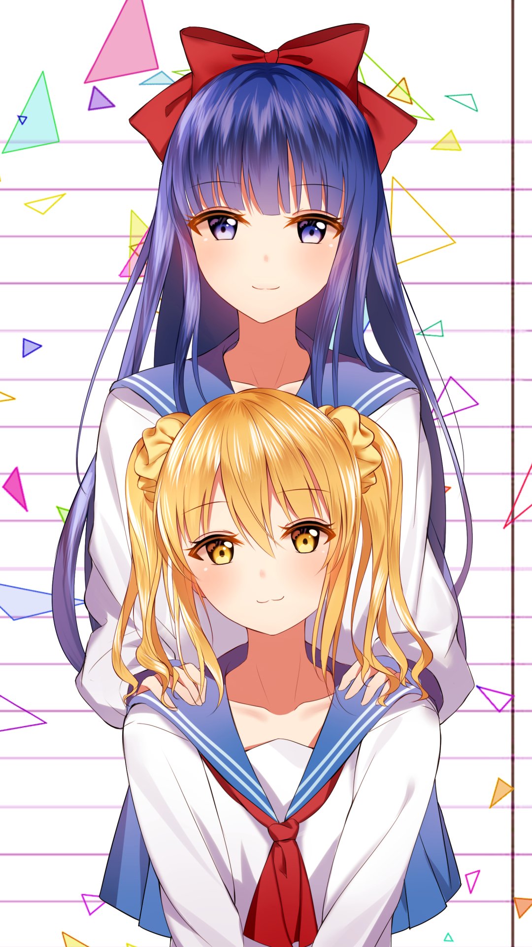 Phone wallpaper of Popuko and Pipimi from the anime Pop Team Epic: Pipimi stands behind Popuko in sailor uniforms against a lined, colorful geometric background.