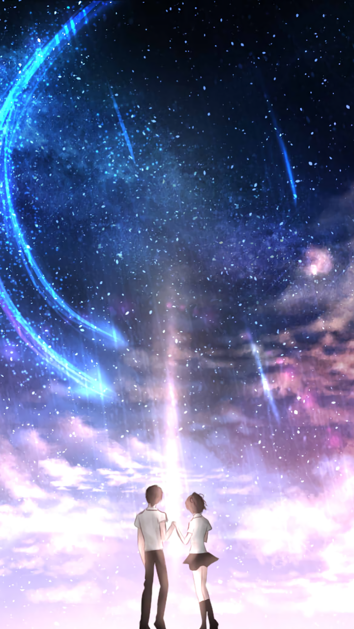Phone wallpaper of Taki Tachibana and Mitsuha Miyamizu from Your Name, standing hand in hand on clouds beneath a radiant comet-lit night sky.