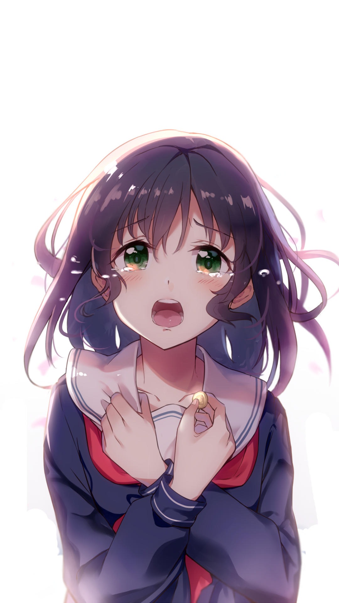 Anime original phone wallpaper: teary schoolgirl with dark hair and green eyes in a sailor uniform, hand on chest clutching a ring, soft glow.