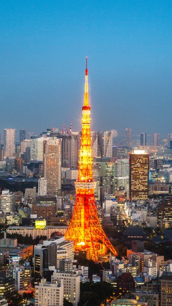 Tokyo Tower illuminated at dusk rises prominently among Tokyo's skyscrapers, showcasing the vibrant cityscape of Japan in a vertical phone wallpaper format.