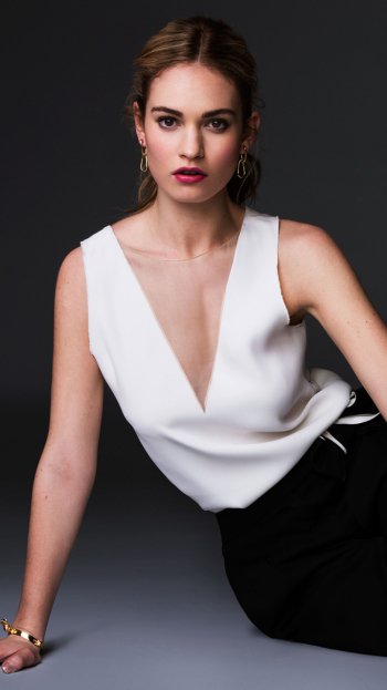 brunette brown eyes lipstick actress English Celebrity Lily James Phone Wallpaper