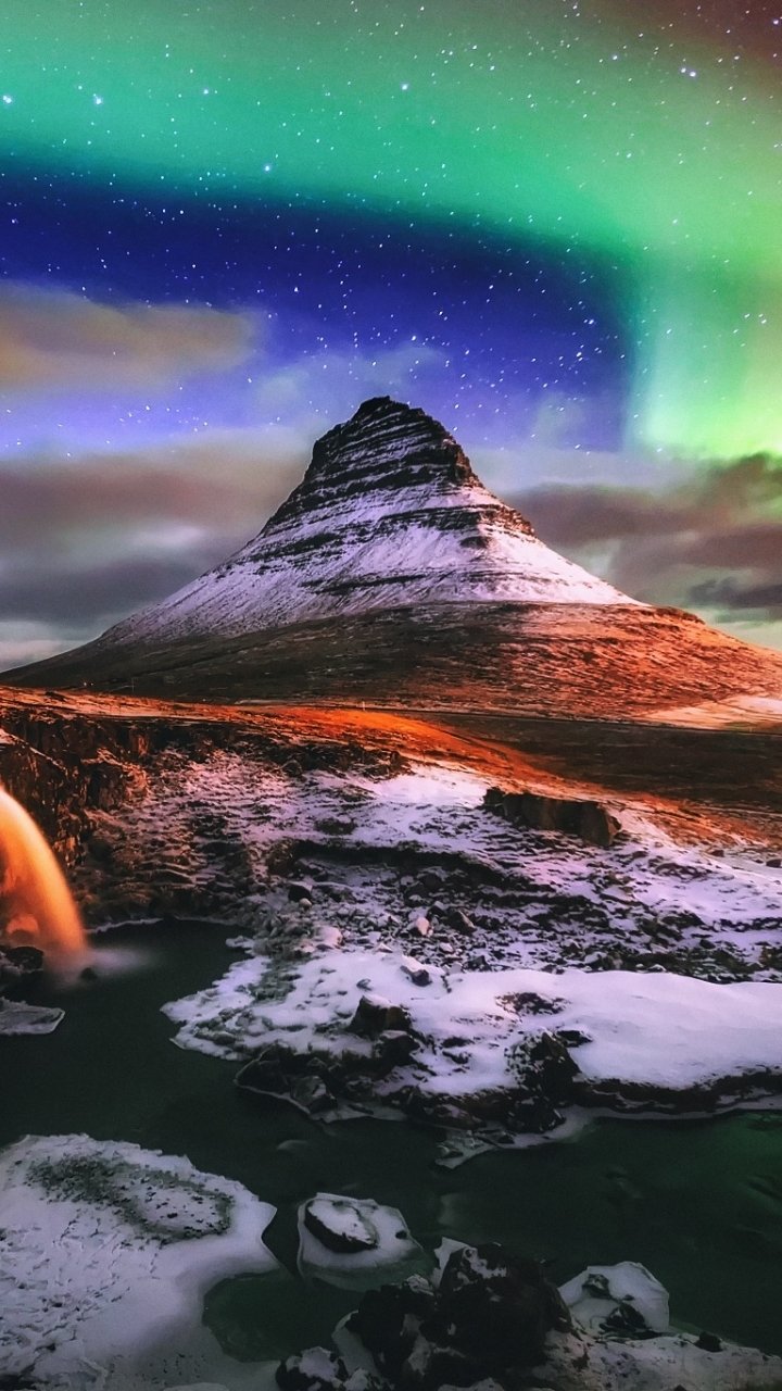 Download Mountain Light Iceland Winter Nature Aurora Borealis Kirkjufell Phone Wallpaper