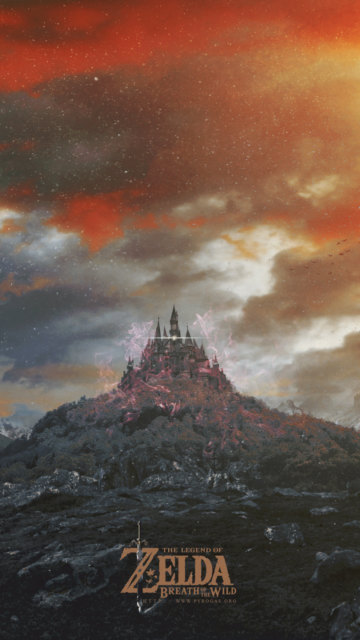 Phone wallpaper featuring a dramatic landscape with a castle from the video game The Legend of Zelda: Breath of the Wild, compatible with iPhones and Android devices.