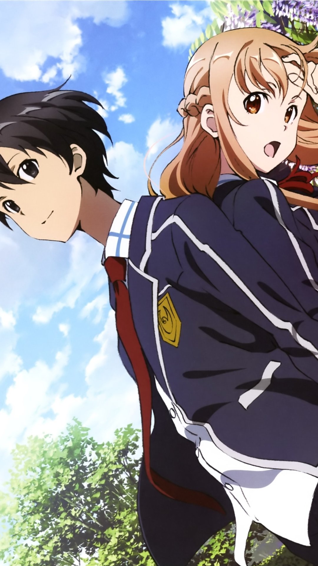 Phone wallpaper of Kirito and Asuna from Sword Art Online standing back-to-back in school uniforms beneath a bright blue sky and leafy treetops.