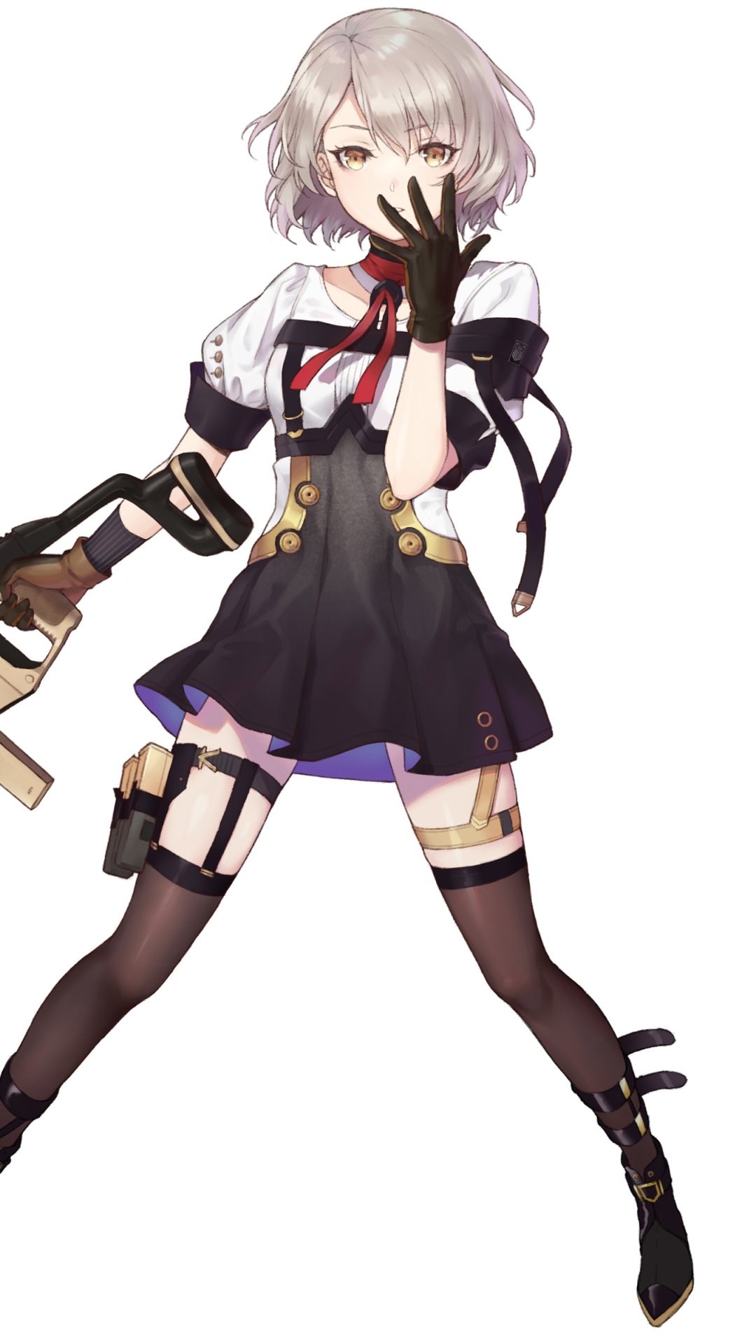 Vector (Girls Frontline) video game art: full-body Girls Frontline character in a black schoolgirl-style outfit with firearm, posed as a phone wallpaper.