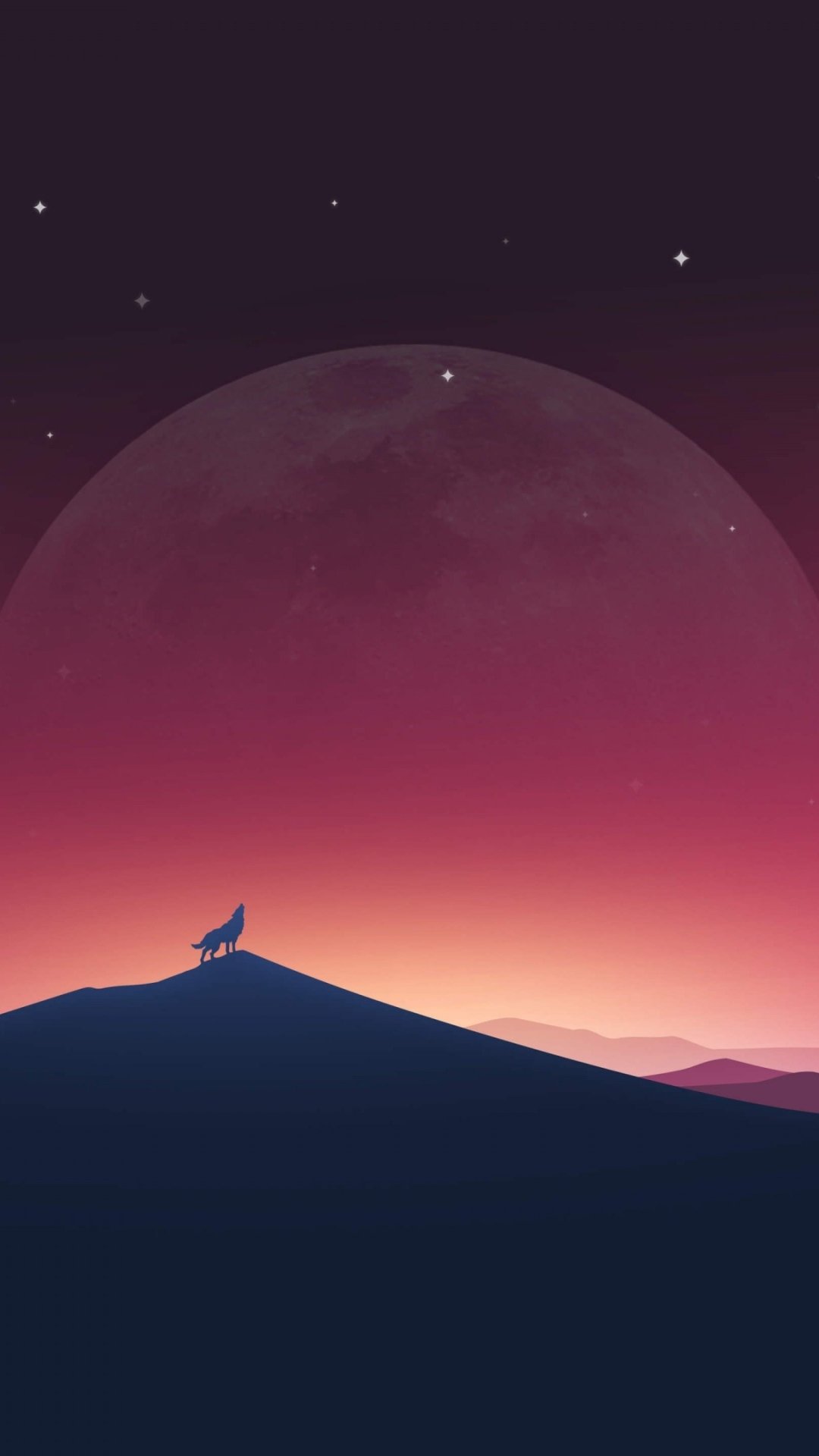 Phone wallpaper for iPhone and Android: fantasy night landscape with a giant moon and starry sky, silhouetted wolf howling on a ridge against a pink‑purple horizon.