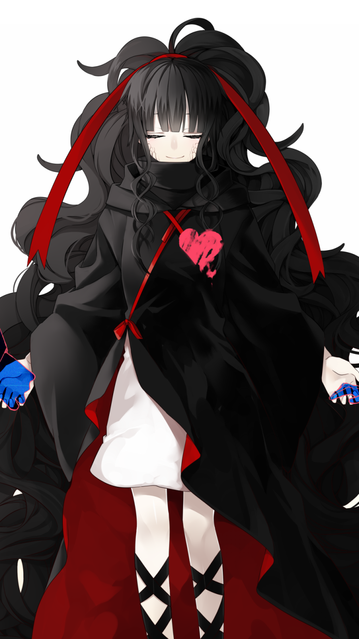 Phone wallpaper of a Kagerou Project anime girl: long black hair with red ribbons, eyes closed, black cloak with red lining and a scratched pink heart emblem, outstretched hands holding blue trinkets.