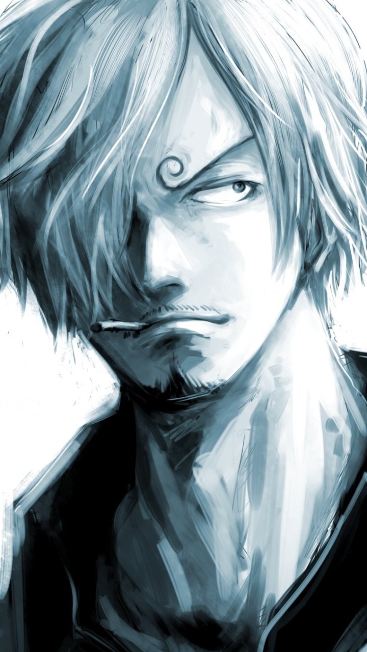 Phone wallpaper featuring a monochrome, intense close-up of Sanji from One Piece anime, designed for both iPhone and Android screens.