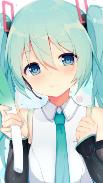 Phone wallpaper of Hatsune Miku (Vocaloid) — anime close-up: teal twin-tails, blue eyes, teal tie and white sleeveless top, soft smile and light pastel background.
