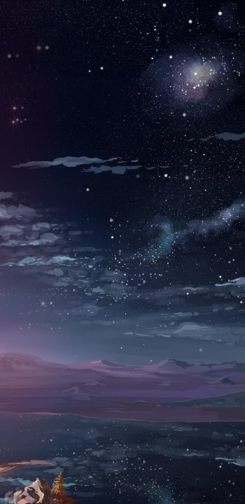Artistic landscape phone wallpaper depicting a serene night scene with shimmering stars and clouds against a dark sky over a tranquil body of water and distant mountains.