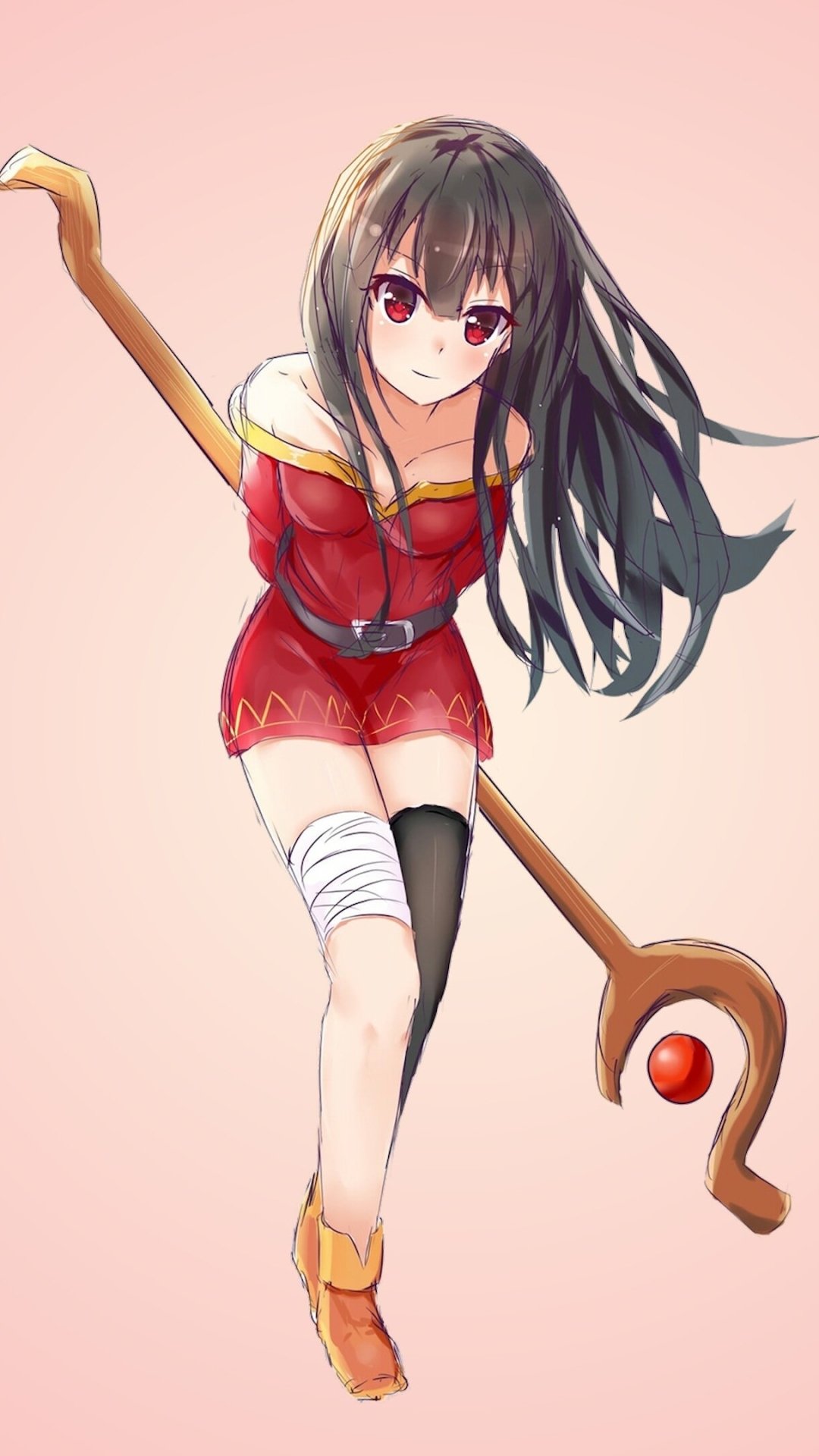 Phone wallpaper of Megumin (KonoSuba) from KonoSuba - God’s blessing on this wonderful world!! — anime full-body pose with staff, red outfit and flowing dark hair, for iPhone and Android