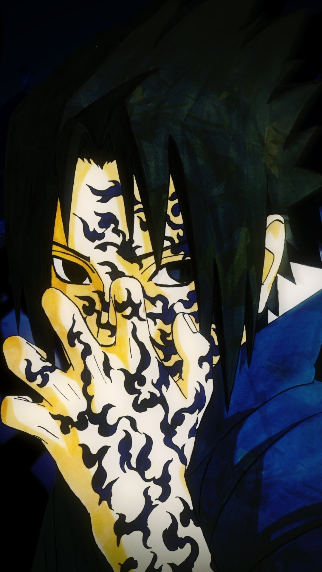 Phone wallpaper featuring Sasuke Uchiha from Naruto with detailed black markings covering his hand and face, designed for iPhone and Android screens.