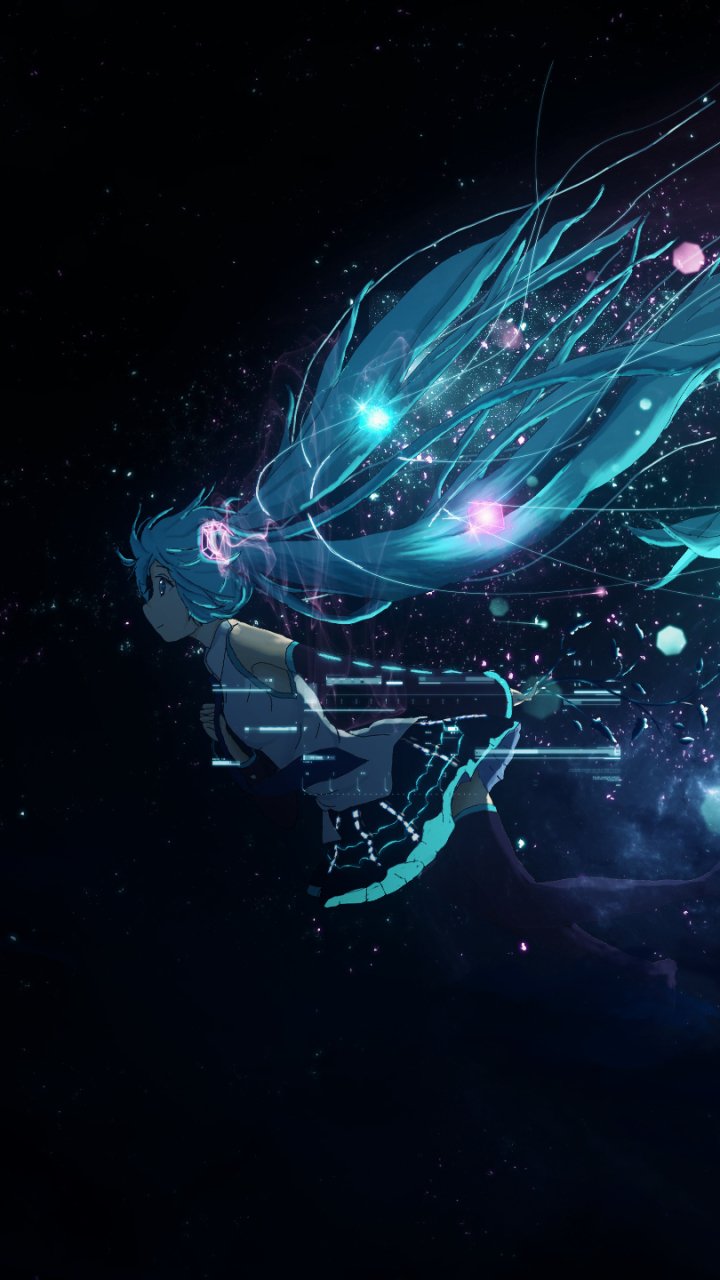 Phone wallpaper featuring Hatsune Miku from Vocaloid in an anime style, with glowing blue and pink accents against a dark background, designed for iPhones and Android phones.