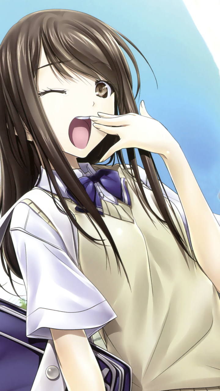 Download Bow (Clothing) Yawn Brown Eyes Wink Long Hair Brown Hair Anime Original Phone Wallpaper