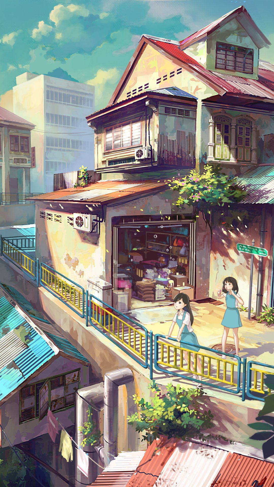 Anime-style phone wallpaper depicting a quaint shop in a sunny neighborhood with two girls standing on a railing, designed for iPhone and Android displays.