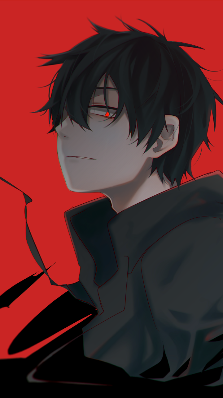 Phone wallpaper of Shintaro Kisaragi from Kagerou Project: anime close-up portrait with tousled black hair, a glowing red eye, dark hoodie against a vivid red background.