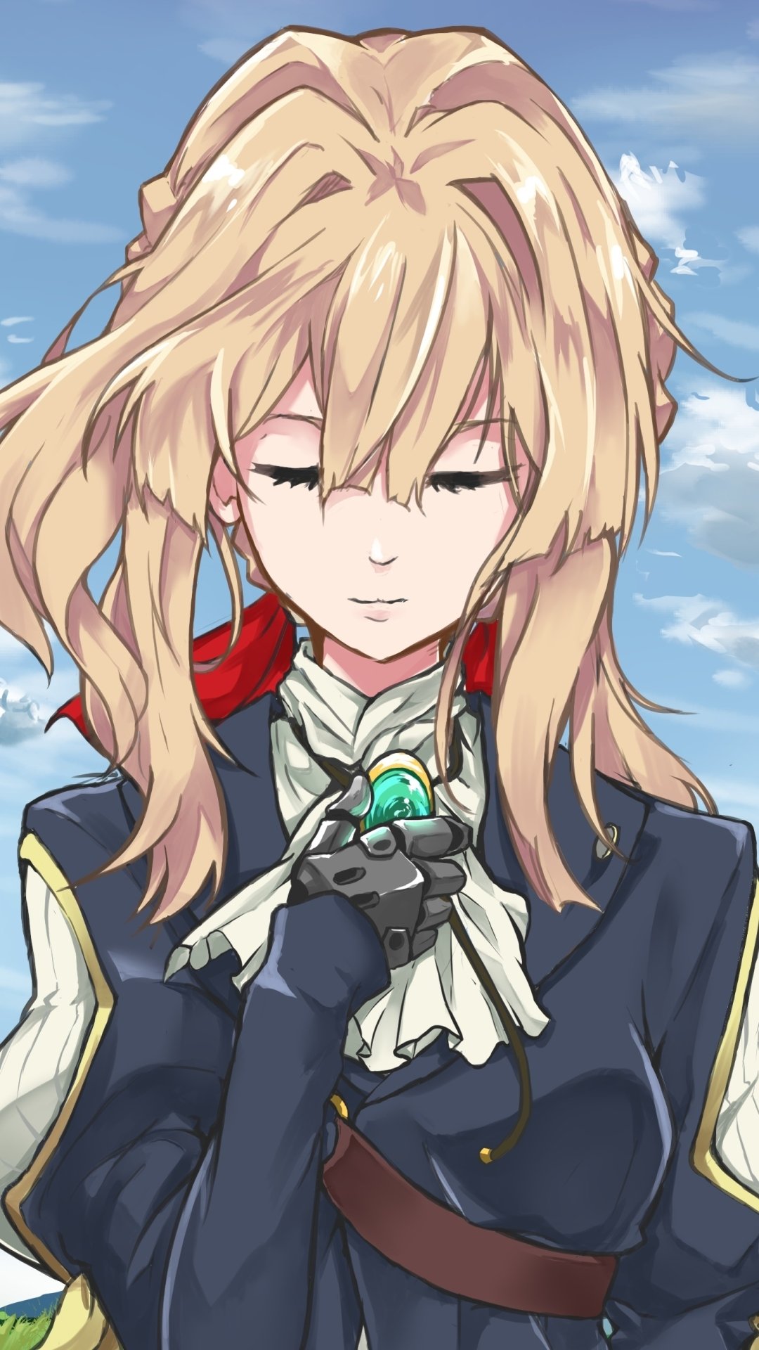 Phone wallpaper featuring Violet Evergarden from the anime, with her eyes closed against a blue sky background, designed for iPhone and Android screens.
