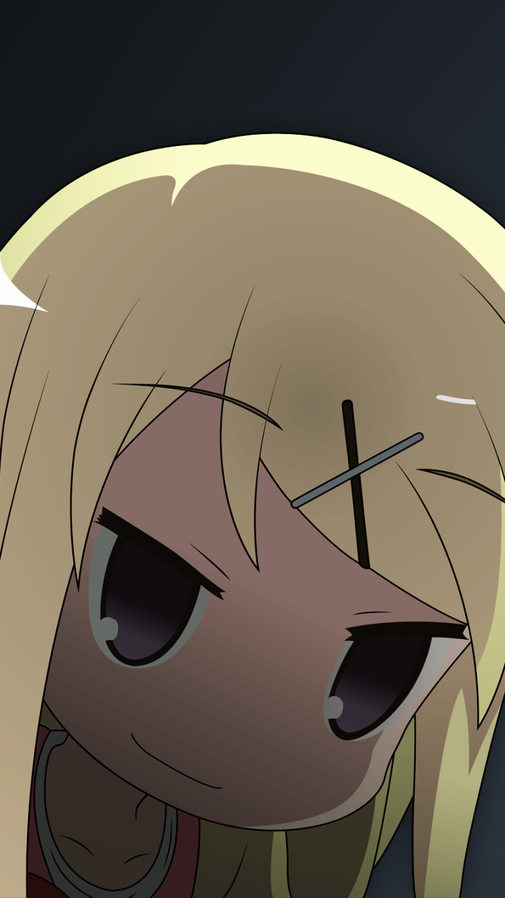 Portrait phone wallpaper of a chibi-style blonde girl from KINMOZA! with hairpins, half-shadowed face and sly smile against a dark gradient background.