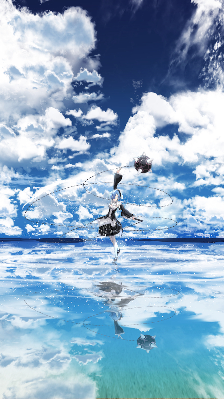 Anime phone wallpaper featuring Rem from Re:Zero - Starting Life in Another World, with a vibrant sky and water reflection, compatible with iPhones and Android devices.