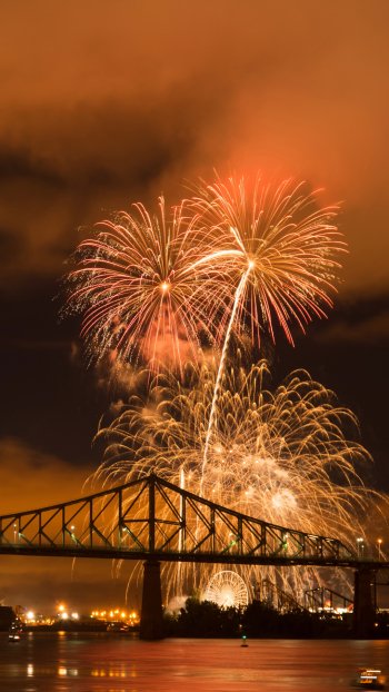 Montreal Canada orange (Color) light bridge river night photography fireworks Phone Wallpaper