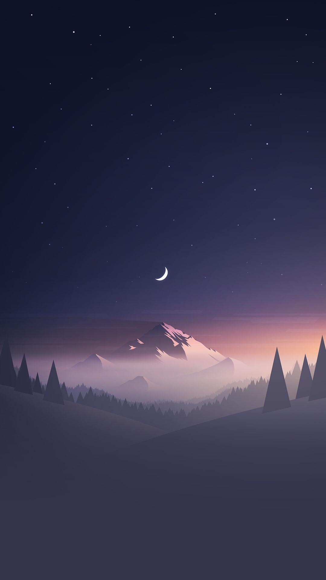Starry night sky over a serene mountain landscape with crescent moon, perfect for a phone wallpaper.