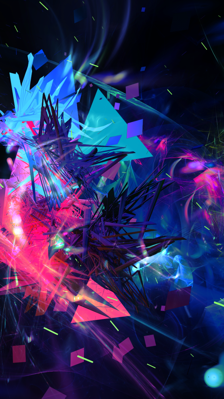 Abstract, artistic phone wallpaper featuring vibrant blue, pink, and purple geometric shapes and dynamic light effects, designed for both iPhone and Android displays.