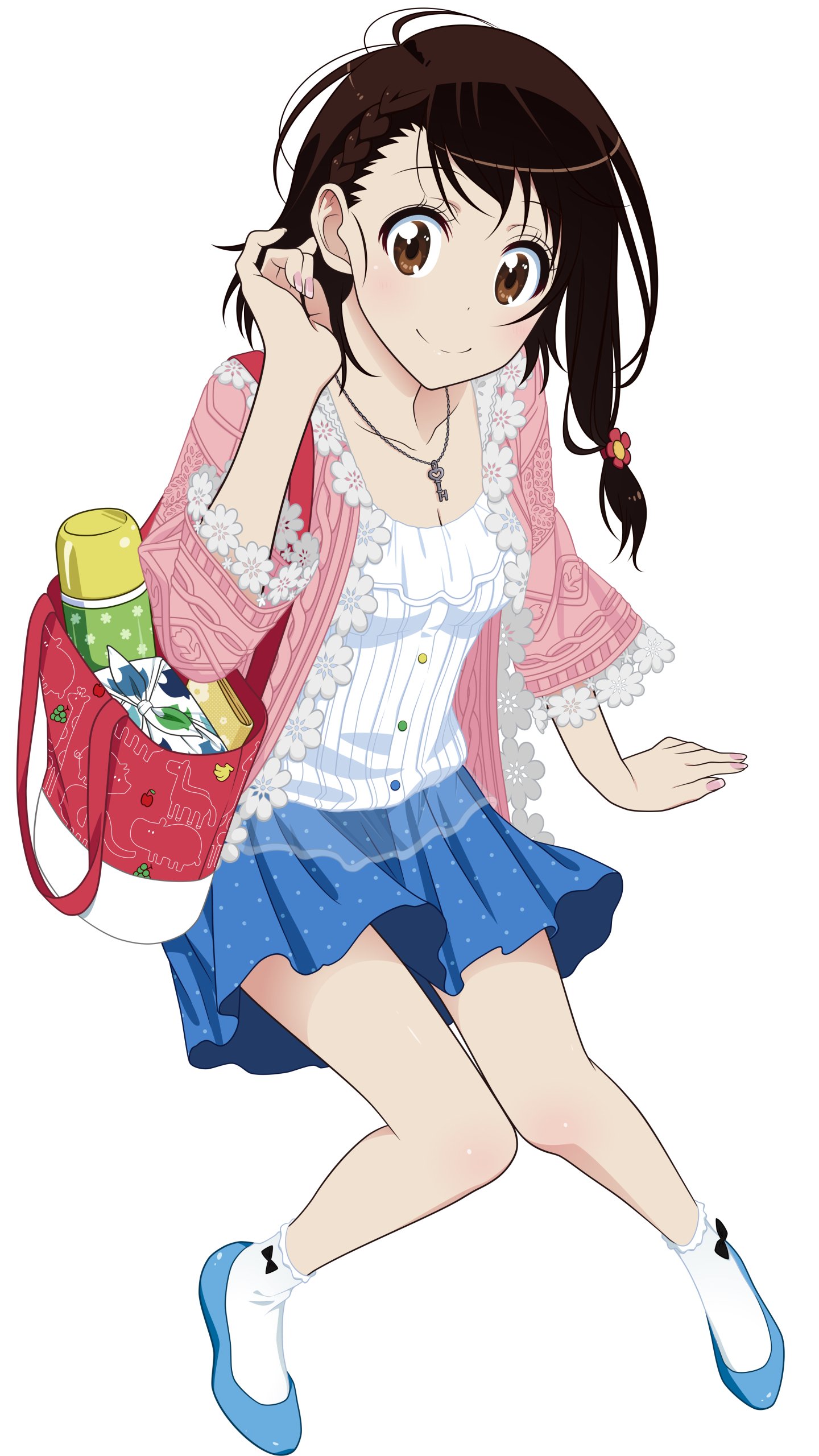 Phone wallpaper of Kosaki Onodera (Nisekoi): anime girl in a pink lace cardigan, white ruffled blouse and blue pleated skirt, braided hair with ribbon, holding a red bag.