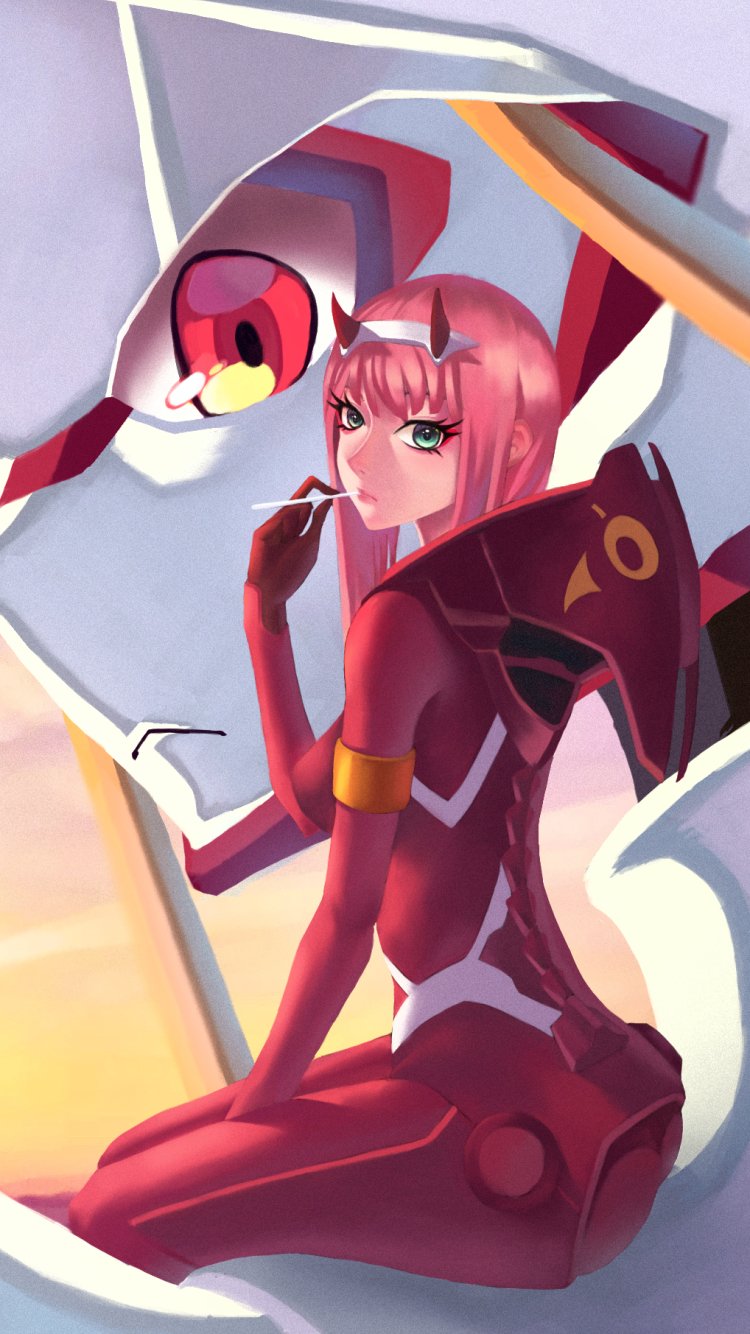 Download Red Eyes Lollipop Horns Green Eyes Pink Hair Long Hair Zero Two (Darling In The FranXX) Robot Anime Darling In The FranXX Phone Wallpaper