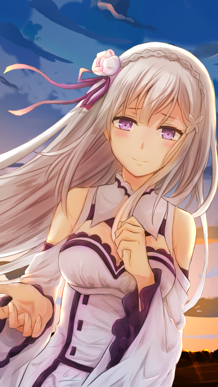 Phone wallpaper of Emilia (Re:ZERO) from Re:Zero - Starting Life in Another World: anime portrait of her with long silver hair, purple eyes, white dress, hands clasped against a sunset sky.