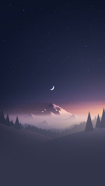 A serene landscape wallpaper featuring a mountain under a crescent moon, surrounded by mist and silhouetted trees, complemented by a starry night sky.