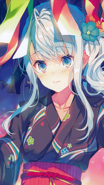 kimono aqua eyes aqua hair colorful Anime Original Phone Wallpaper