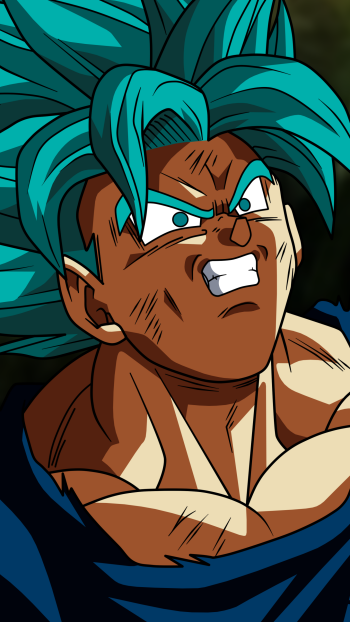 Dragon Ball Super anime phone wallpaper: close-up of a snarling Super Saiyan Blue warrior with turquoise hair and an intense, determined expression.
