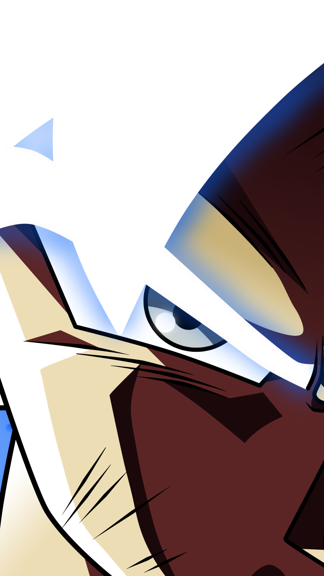 Dragon Ball Super anime phone wallpaper: vertical close-up of a stern Saiyan eye with bold shadows and high-contrast colors, formatted for iPhone and Android screens.
