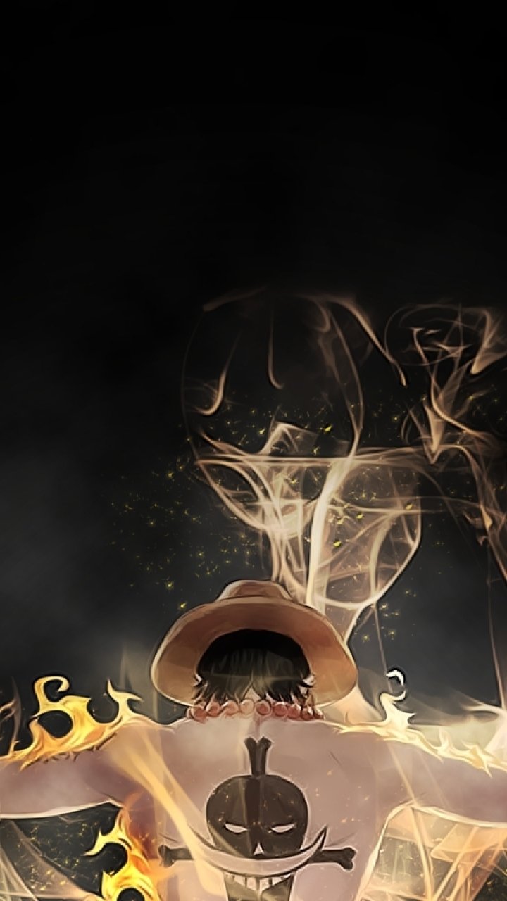 Phone wallpaper: Portgas D. Ace from One Piece — back view with his straw hat and skull tattoo, engulfed in flames and smoky fire shapes on a dark background.