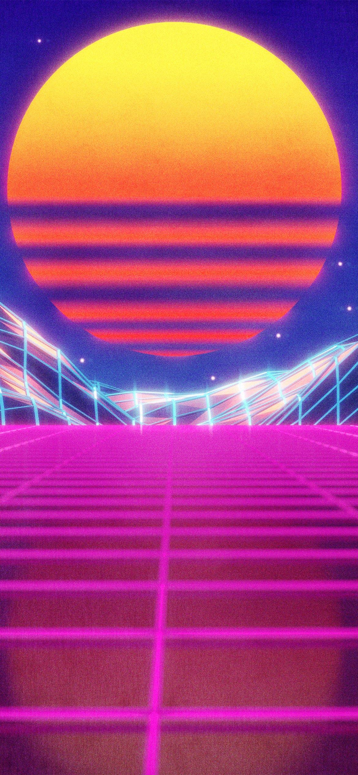 Artistic retrowave phone wallpaper: neon pink grid and wireframe horizon leading to a striped orange sun over a starry purple sky.